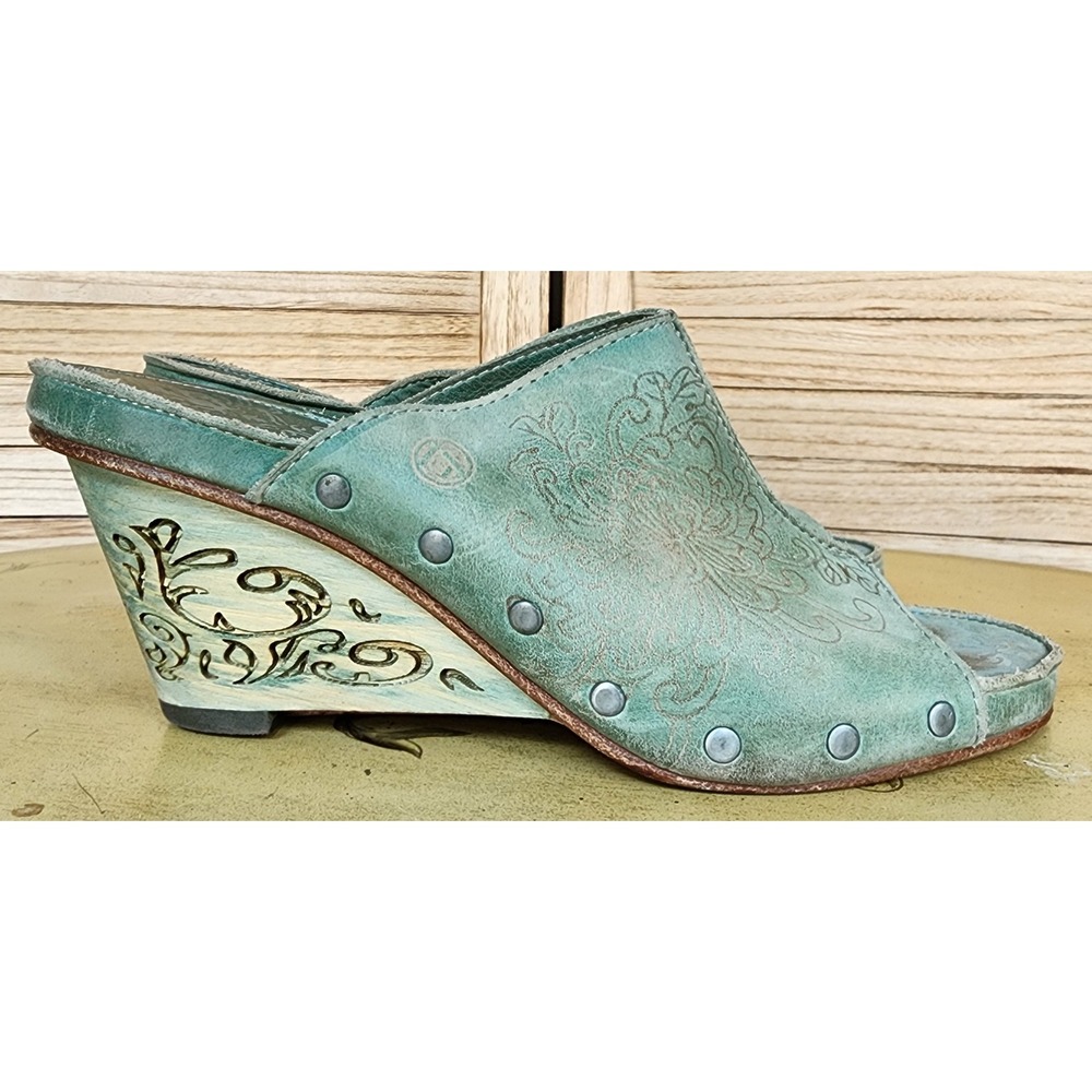 Neosens EU 38 US 7.5 8 Anthropologie Green Leather Wedge Sandals Mules Boho